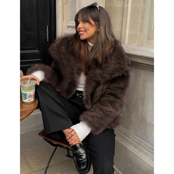 Womens Coffee Faux Fur Coat Shaggy Fluffy Jacket Long Sleeve Warm Winter Outwear - Picture 5 of 7